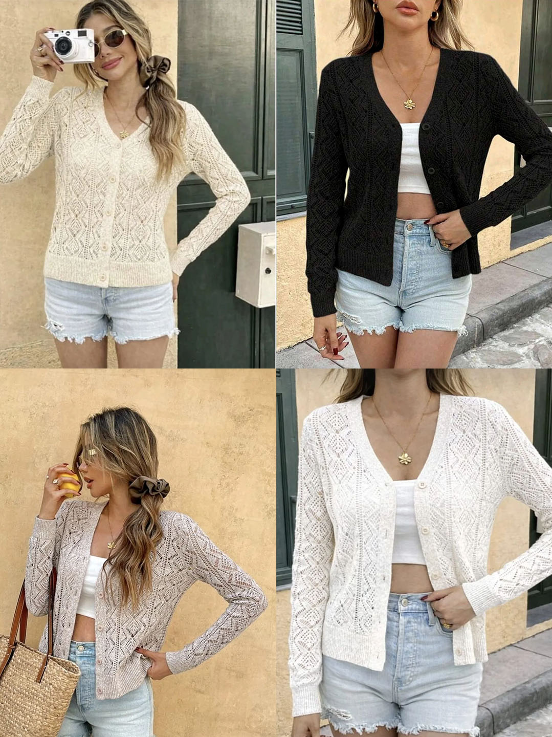 Baklava Desen V Yaka Düğmeli %100 Pamuk Kadın Triko Hırka