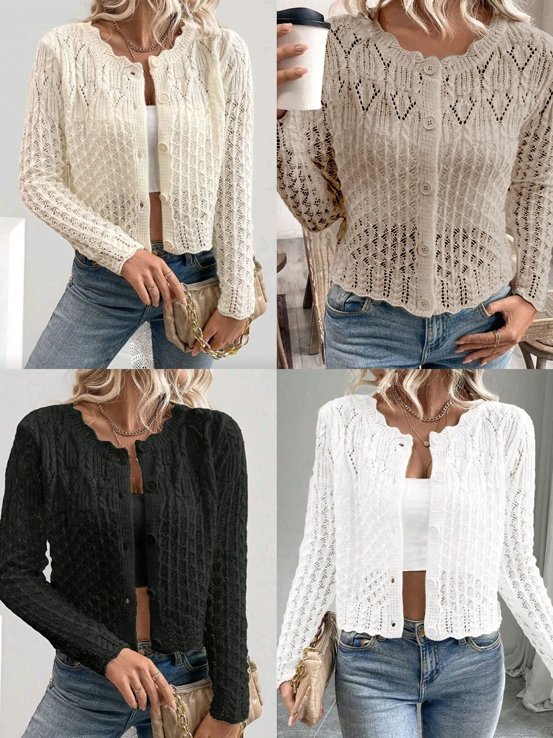 Ajurlu Uzun Kol Yaka Detaylı Düğmeli Sepet Desen %100 Pamuk Kadın Triko Hırka