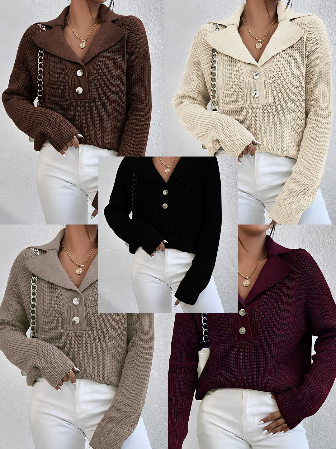 Düğmeli Ceket Yaka Rahat Kalıp Kadın Triko Kazak