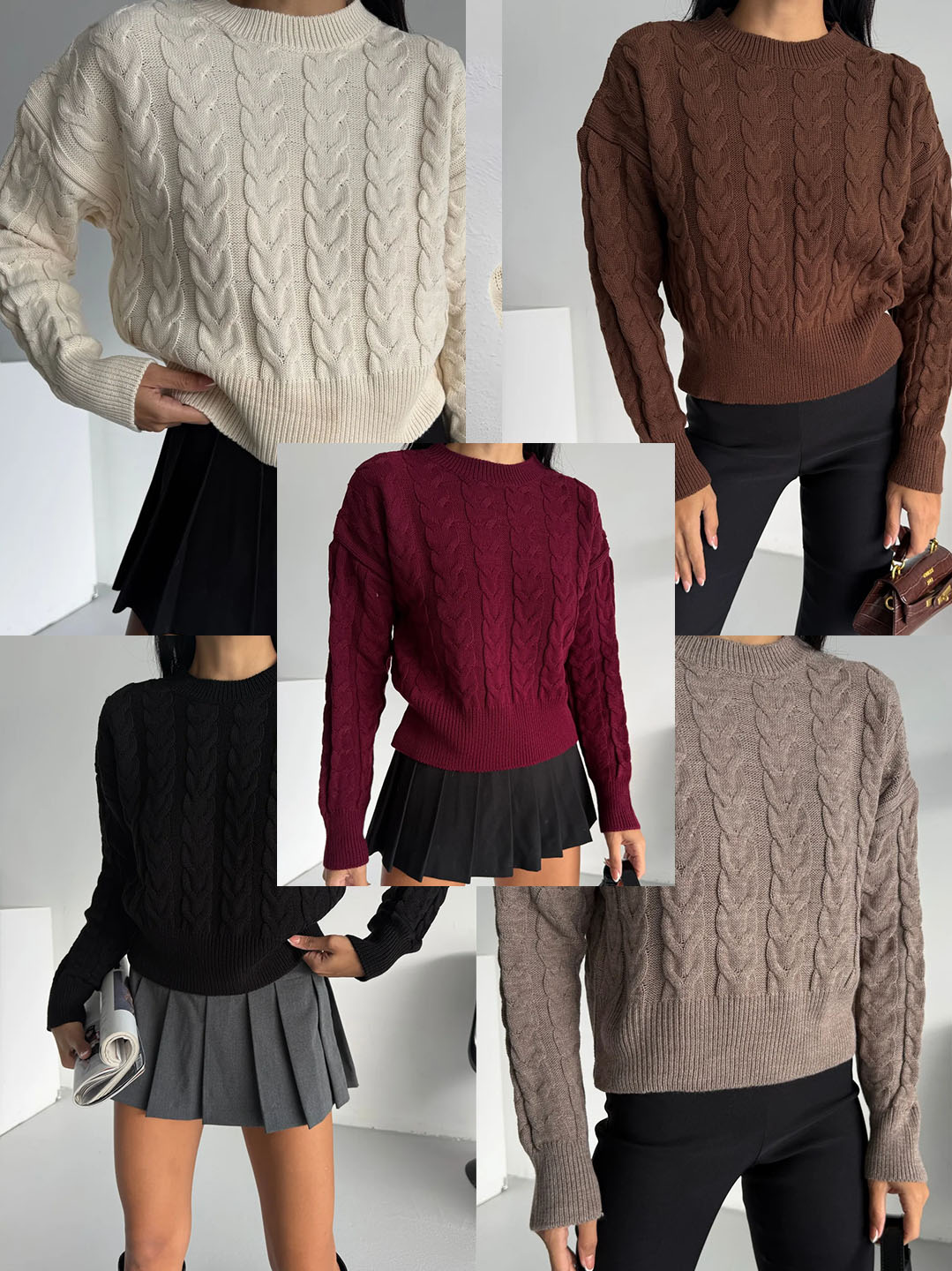 Bisiklet Yaka Ara Boy Saç Örgü Kadın Triko Kazak