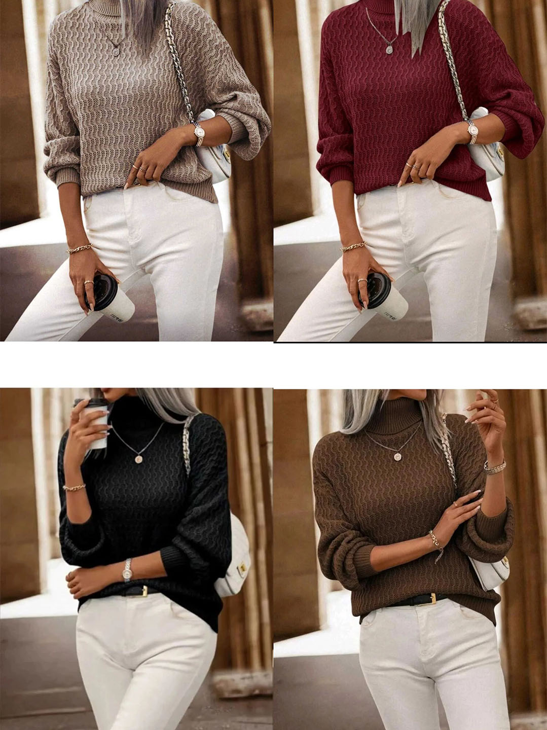 Balıkçı Yaka Jakar Desen Rahat Kalıp Uzun Kol Kadın Triko Kazak