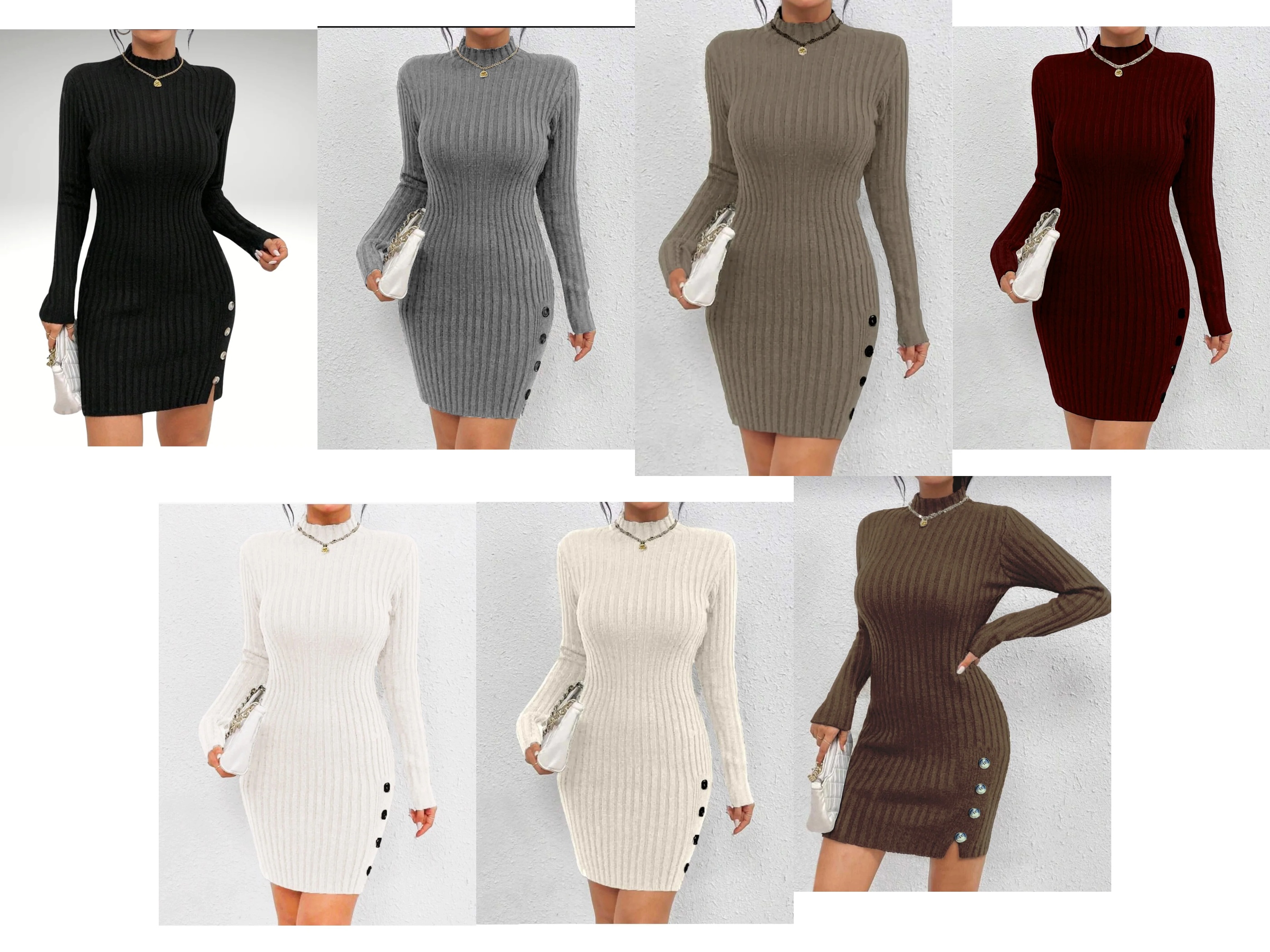 Hakim Yaka Fitilli Model Süs Düğme Detaylı Yırtmaçlı Rahat Kalıp Kadın Triko Elbise