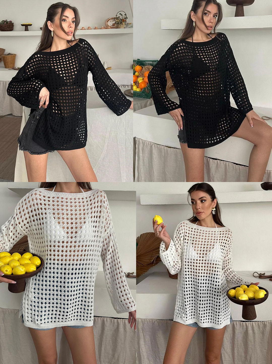 Ajurlu Desen Kayık Yaka Yırtmaç Detay %100 Pamuk Kadın Triko Tunik-Bluz