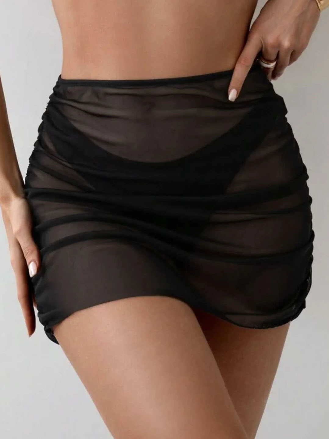 Bikini Üstü Büzgü Detay Beli Lastikli Likralı Tül Plaj Etek