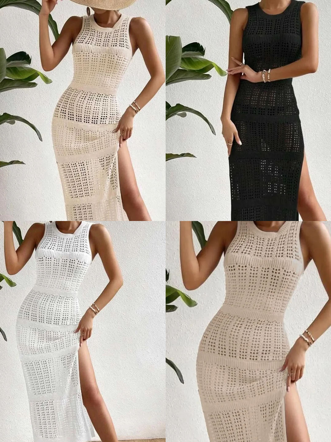 Bisiklet Yaka Sıfır Kollu Ajurlu Desen Yırtmaçlı %100 Pamuk Triko Uzun Pareo-Plaj Elbisesi