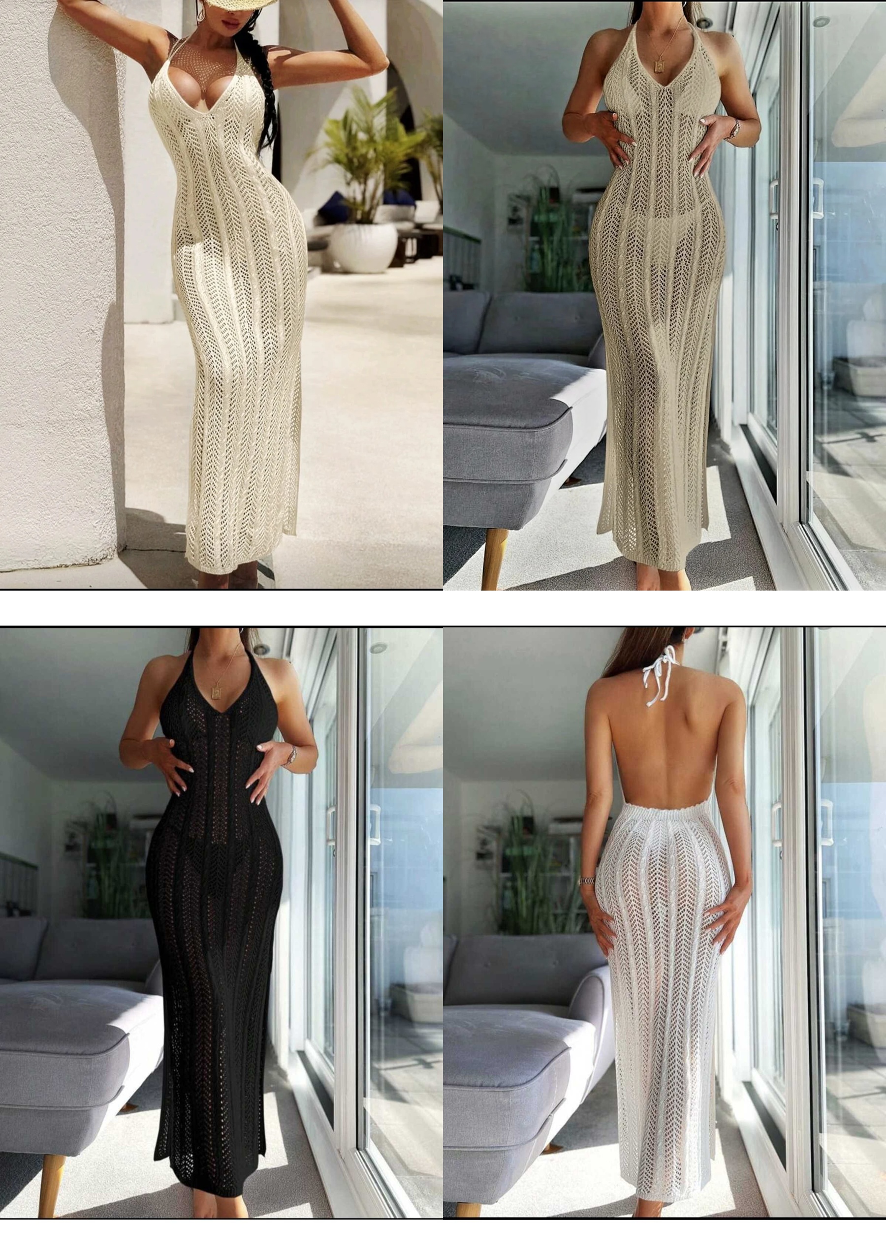 Ajurlu Sırt ve Göğüs Dekolteli Boyundan Bağlamalı Uzun Triko Pamuk Pareo Plaj Elbisesi