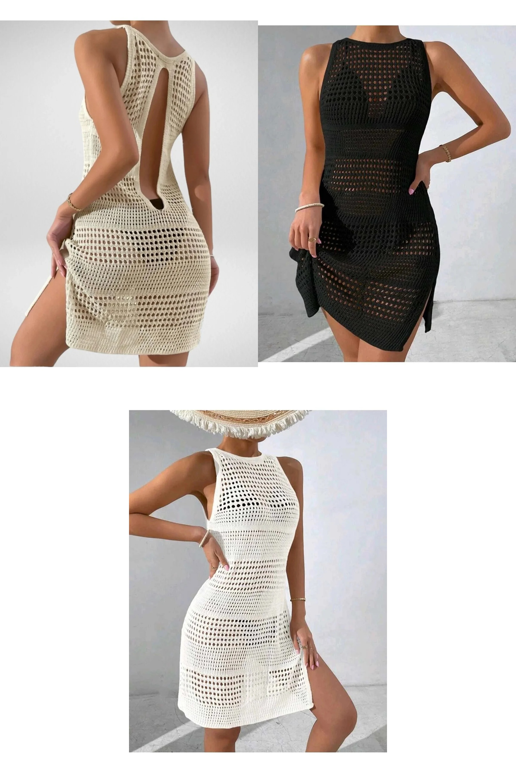 Ajurlu Desen Sırt Dekolte Bisiklet Yaka Kolsuz %100 Pamuk Triko Pareo-Plaj Elbisesi