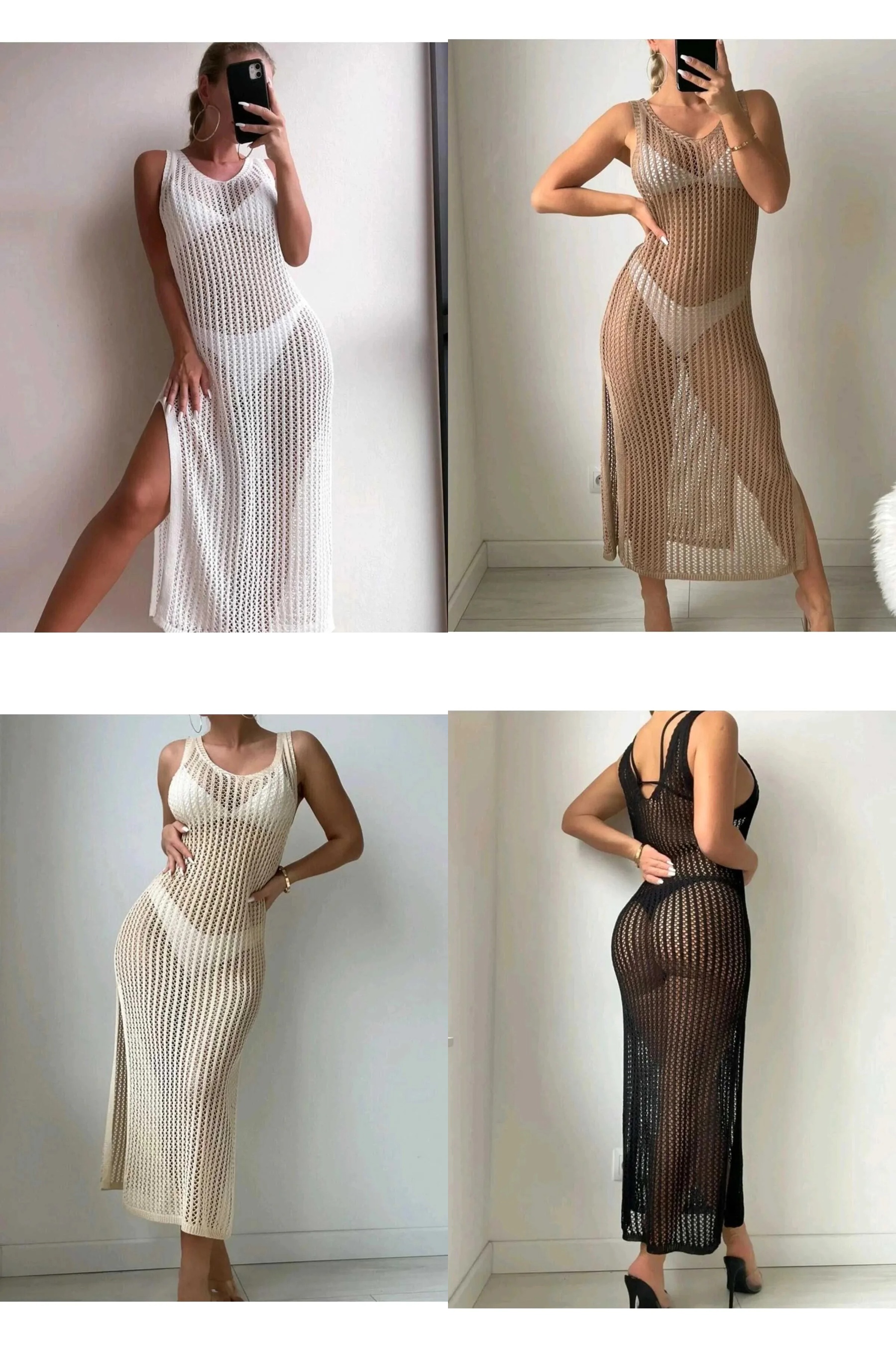 Ajurlu Desen Sıfır Kollu Yırtmaçlı V Yaka %100 Pamuk Triko Uzun Pareo-Plaj Elbisesi